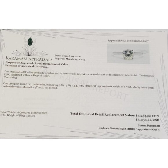 Engagement Ring 10 KT White Gold & Round Moissanite Size 6.5 - $1285 - Picture 5 of 5